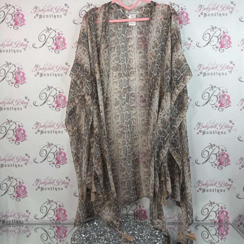 La Express kimono cardigan tassle detail Neutral Snake Print Kimono coverup